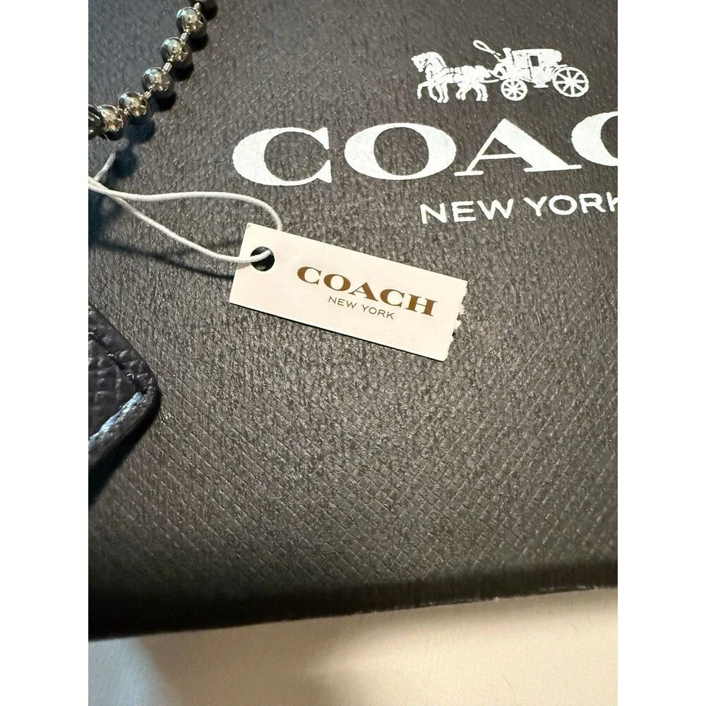 Coach Blue Leather ID Card Holder Chain Key Ring Lanyard NWT Gift Box
